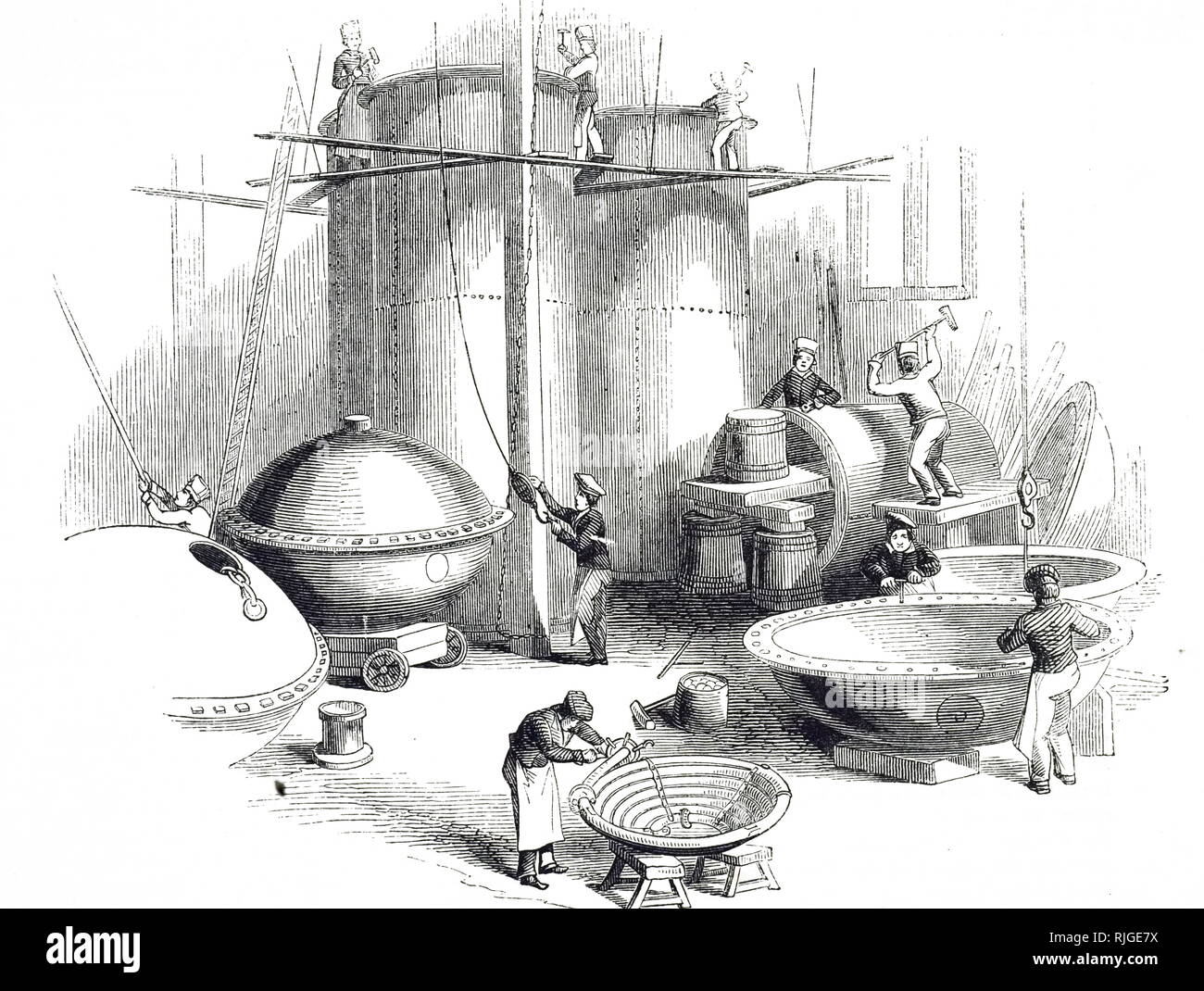 Una incisione raffigurante il ramaio il negozio, i sigg. E. & W. Pontifex la fabbrica, scarpa Lane, Londra. Questa fabbrica specializzata nella produzione di navi per le raffinerie di zucchero, birrerie e distillerie. Datata del XIX secolo Foto Stock