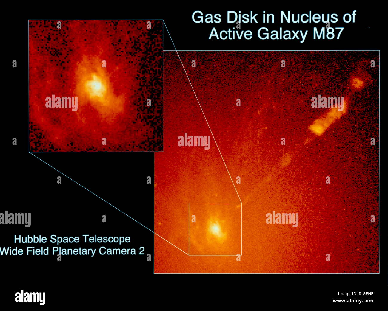 Telescopio Spaziale Hubble immagine raffigurante un disco di gas nel nucleo della galassia M87. Un NASA Hubble Space Telescope immagine di una spirale a forma di disco di gas caldo nel nucleo della galassia attiva M87. Le misurazioni di TRASMISSIONE IDROSTATICA mostra il disco rotante è così rapidamente che contiene un buco nero massiccio al proprio mozzo. Un buco nero è un oggetto che è così massiccia eppure compatta nulla può sfuggire alla sua forza gravitazionale, neppure la luce. L'oggetto al centro di M87 si adatta a tale descrizione. Pesa quanto più di tre miliardi di suns, ma è concentrata in uno spazio non più grande di quella del nostro sistema solare. Foto Stock