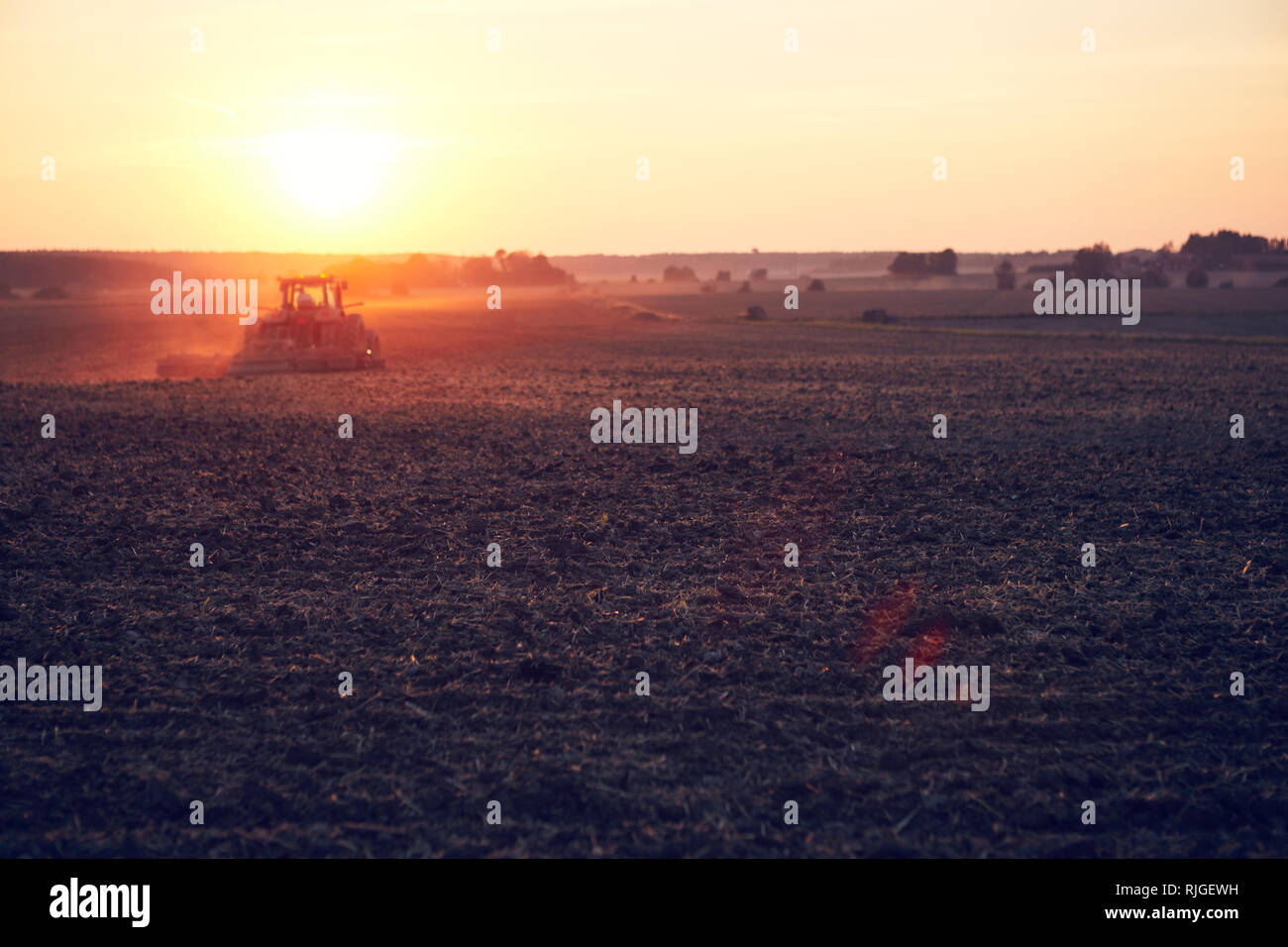 Il trattore sul campo al tramonto Foto Stock