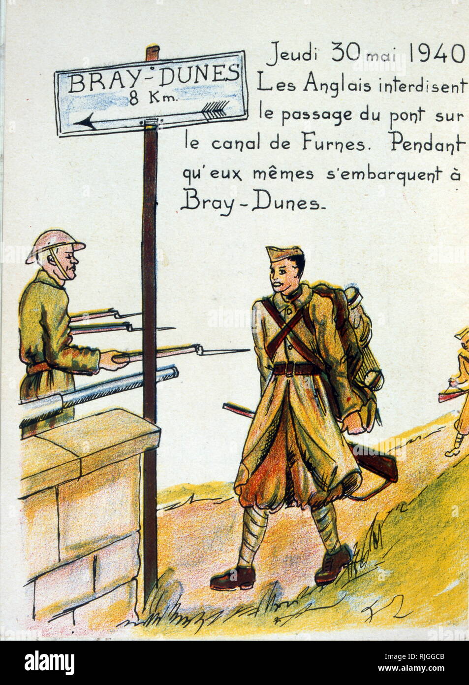 Occupazione francese propaganda illustrazione che mostra British soldato di guardia la evacuazione da Dunkerque. Funzionamento dinamo, alleate di evacuazione di 340.000 truppe di Dunkerque, inizia a. Il passaggio durerà fino al 3 Giugno sotto violento bombardamento per la Luftwaffe Foto Stock