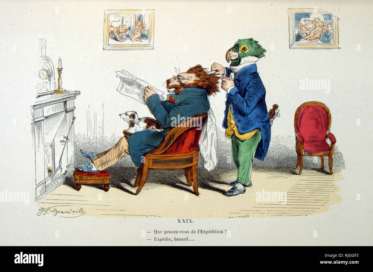Illustrazione per la serie, Les metamorfosi du jour da Jean Ignace Gerard (1803 - 1847), caricaturista francese. il lavoro che ha istituito per la prima volta la sua fama fu Les metamorfosi du jour (metamorfosi del giorno), 1828-29; una serie di settanta scene in cui gli individui con i corpi di uomini e facce di animali sono fatti per riprodurre una commedia umana. Questi disegni sono notevoli per la straordinaria abilità con cui caratteristiche umane sono rappresentate in animale caratteristiche facciali Foto Stock