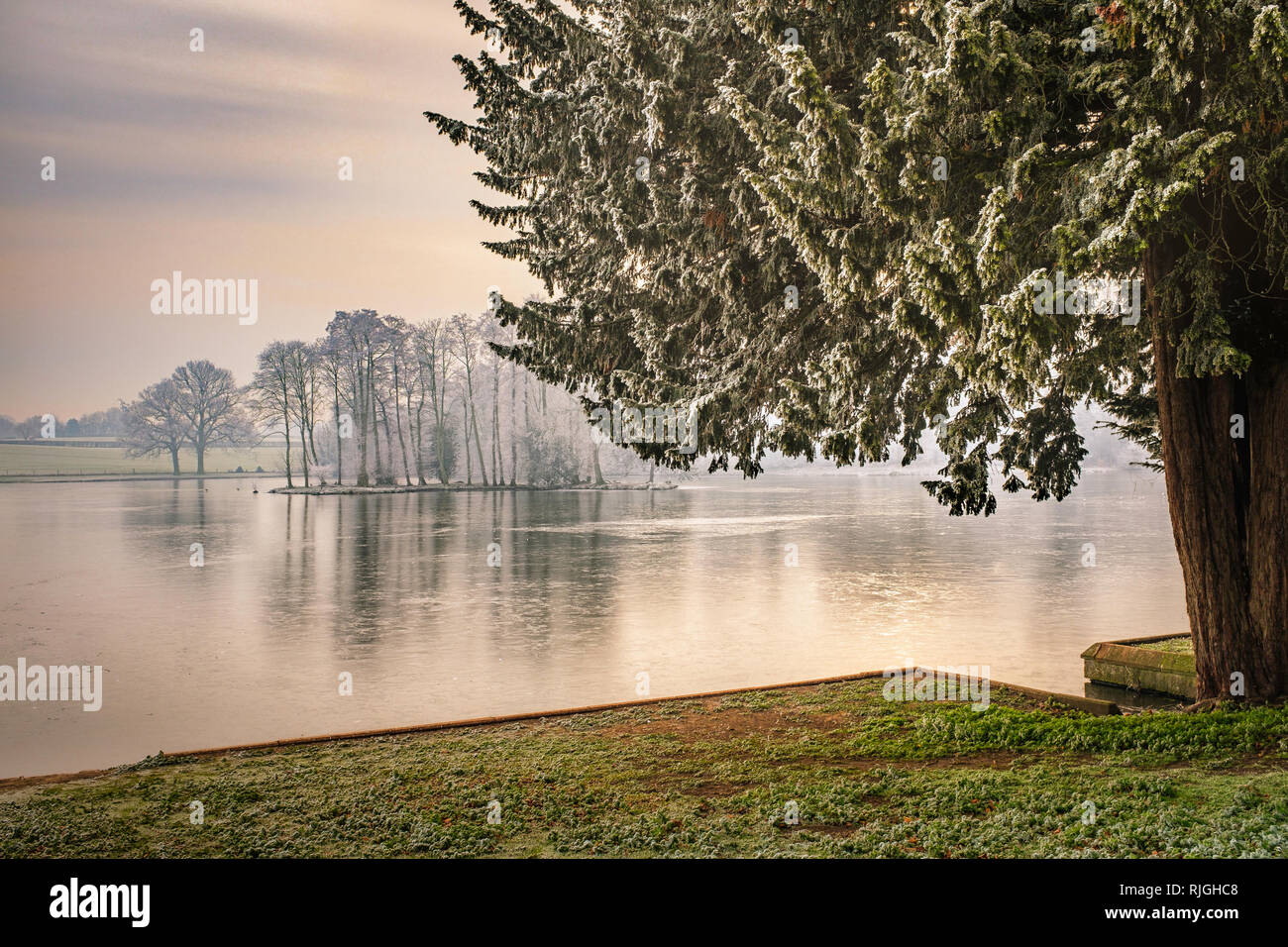 Pool di Melbourne nel Derbyshire è ghiacciato dopo un pesante di gelo. Foto Stock