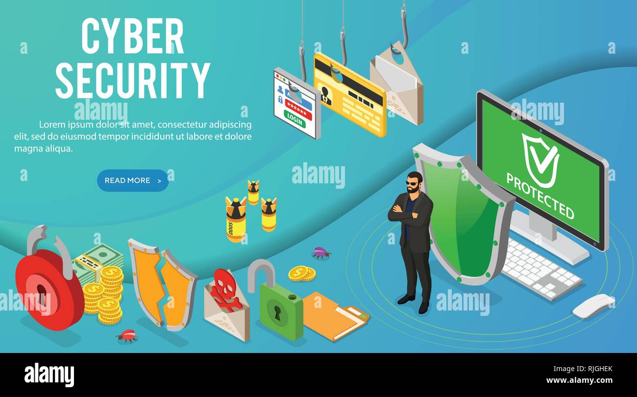Cyber Security Banner isometrica Illustrazione Vettoriale