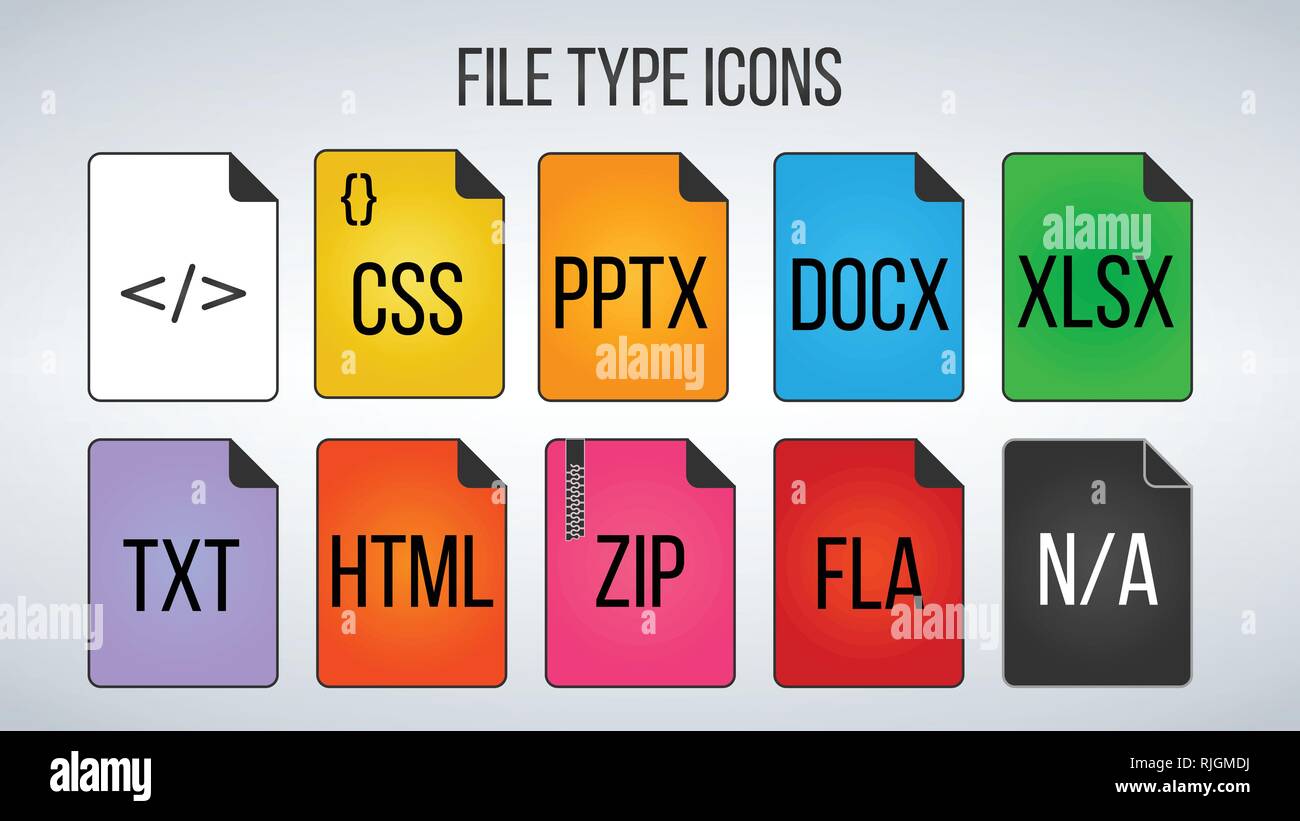 Set di formati file di icone. Illustrazione di vettore isolato su sfondo bianco Illustrazione Vettoriale