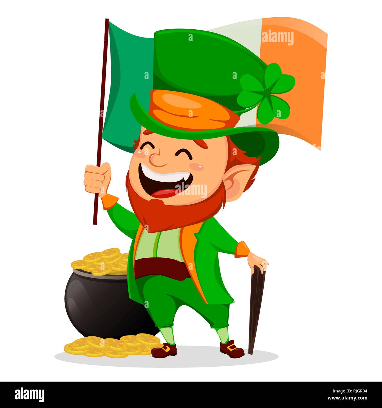 Saint Patrick day. Divertente Leprechaun. Cartoon carino carattere holding Irlanda bandiera. Illustrazione Vettoriale su sfondo bianco. Illustrazione Vettoriale