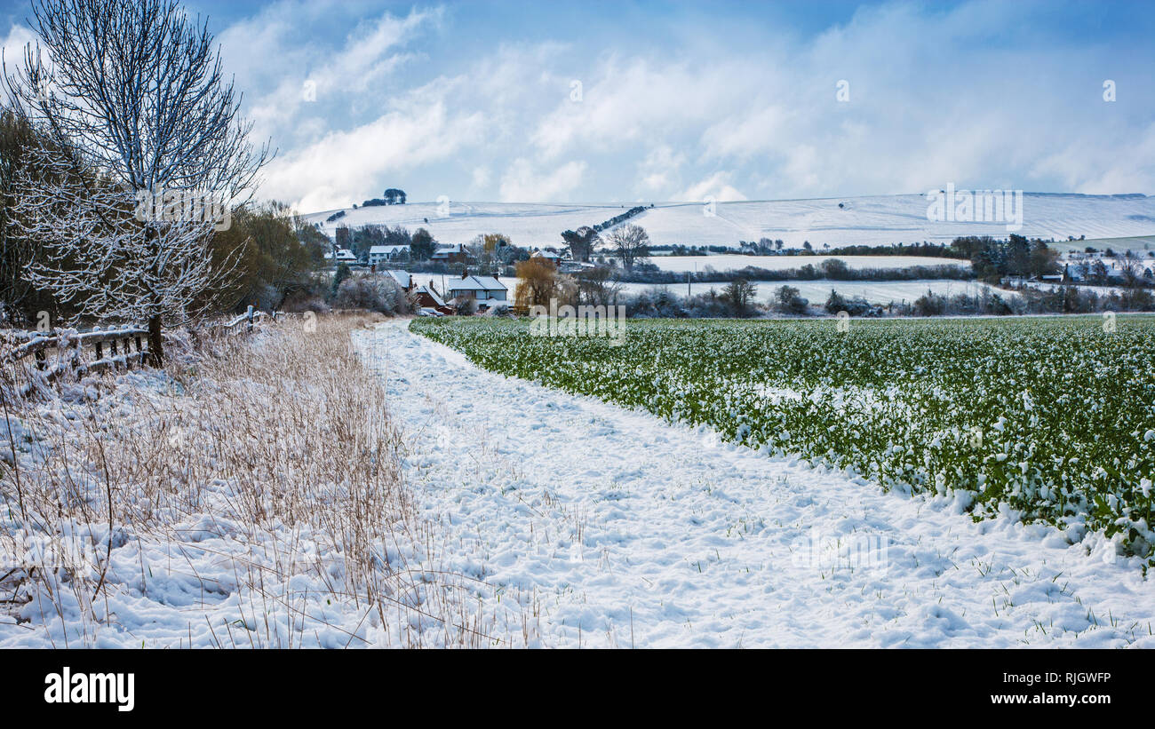 Vista invernale verso Liddington collina vicino a Swindon, Wiltshire Foto Stock