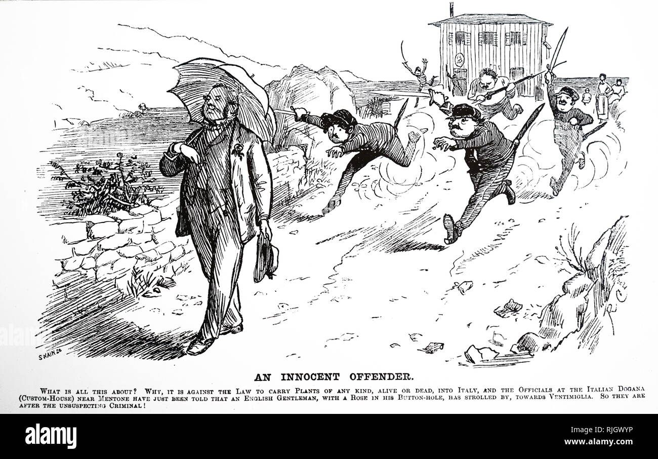 Un cartoon commentando il rigoroso controllo italiano del movimento delle piante. Datata del XIX secolo Foto Stock
