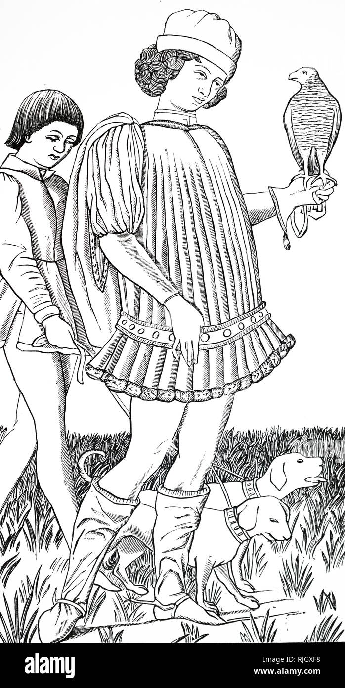 Una xilografia incisione raffigurante un nobile italiano hawking. Dopo incisione su rame inciso carta da gioco circa 1460. Datata xviii secolo Foto Stock