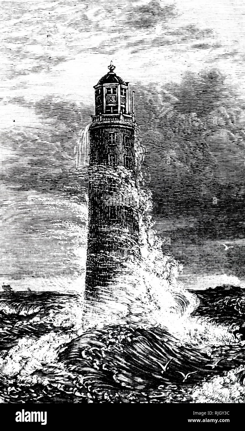 Una incisione raffigurante il terzo faro di Eddystone, sulla pietra 13 miglia a sud-est di Polperro, Cornwall, Inghilterra. Costruito da John Rudyard è stato acceso per la prima volta nel 1709 e distrutta da un incendio il 2 dicembre 1755. Datata del XIX secolo Foto Stock