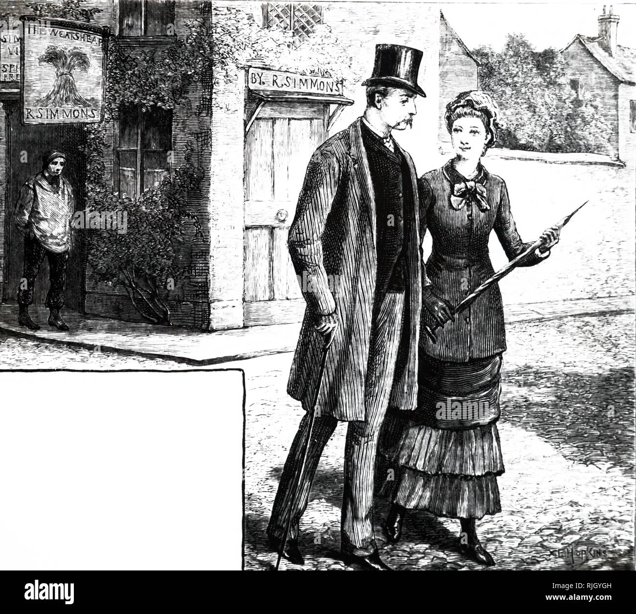 Una incisione raffigurante un gentiluomo con un top hat e canna da zucchero di camminare al fianco di sua moglie. Datata del XIX secolo Foto Stock