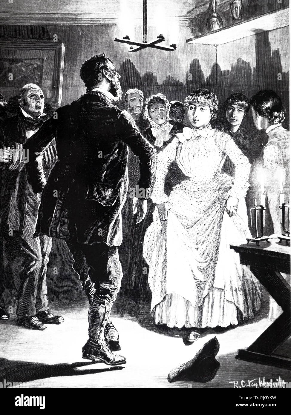 Una incisione raffigurante un guardiacaccia ballando con una cucina cameriera nel servili. Nota candele in ferro - titolari di centro destra. Datata del XIX secolo Foto Stock