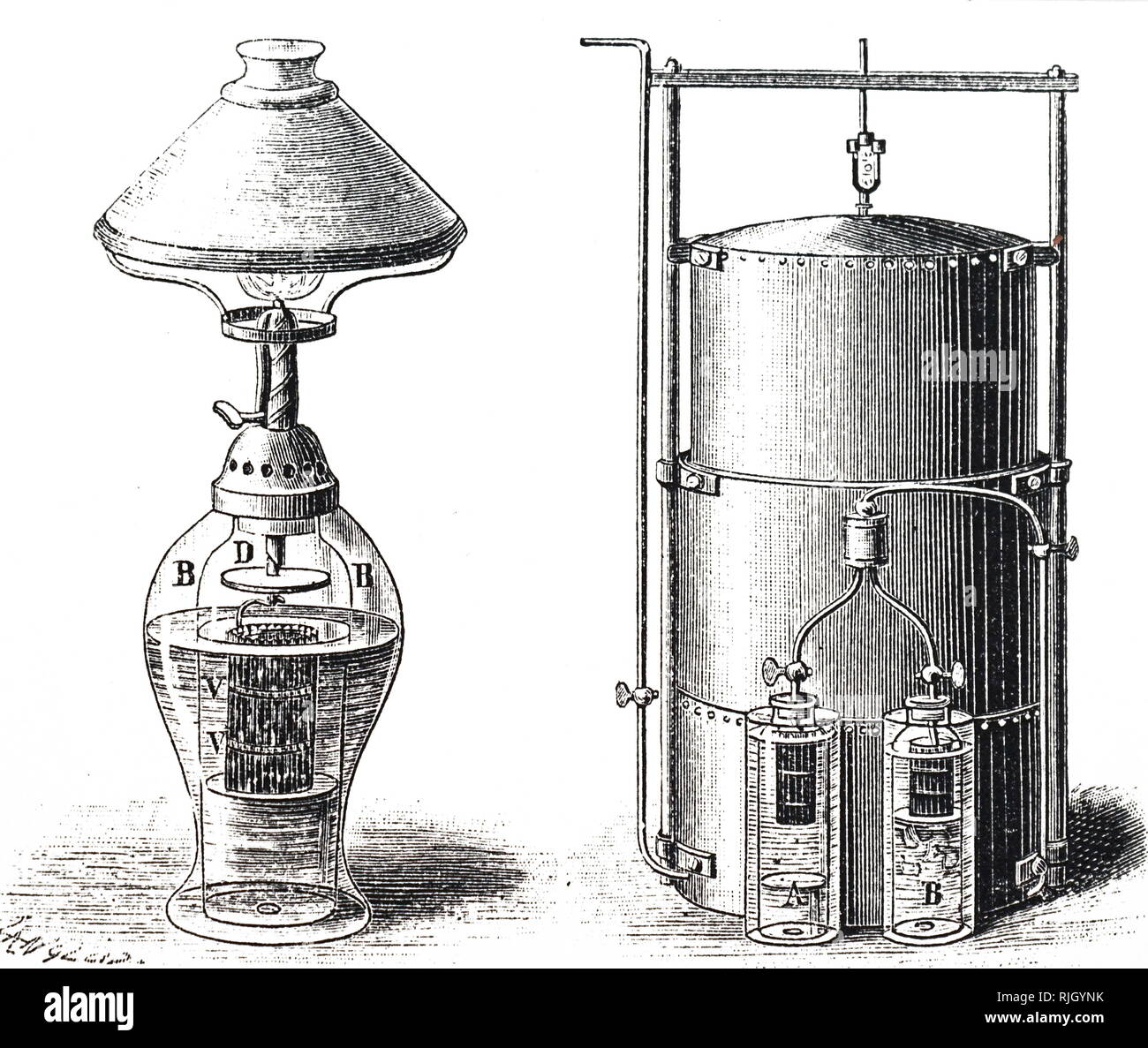 Una incisione raffigurante una lampada di acetilene. La lampada a carburo o acetilene  lampade a gas, sono semplici lampade che producono e masterizzazione di  acetilene (C2H2) che viene creato mediante la reazione