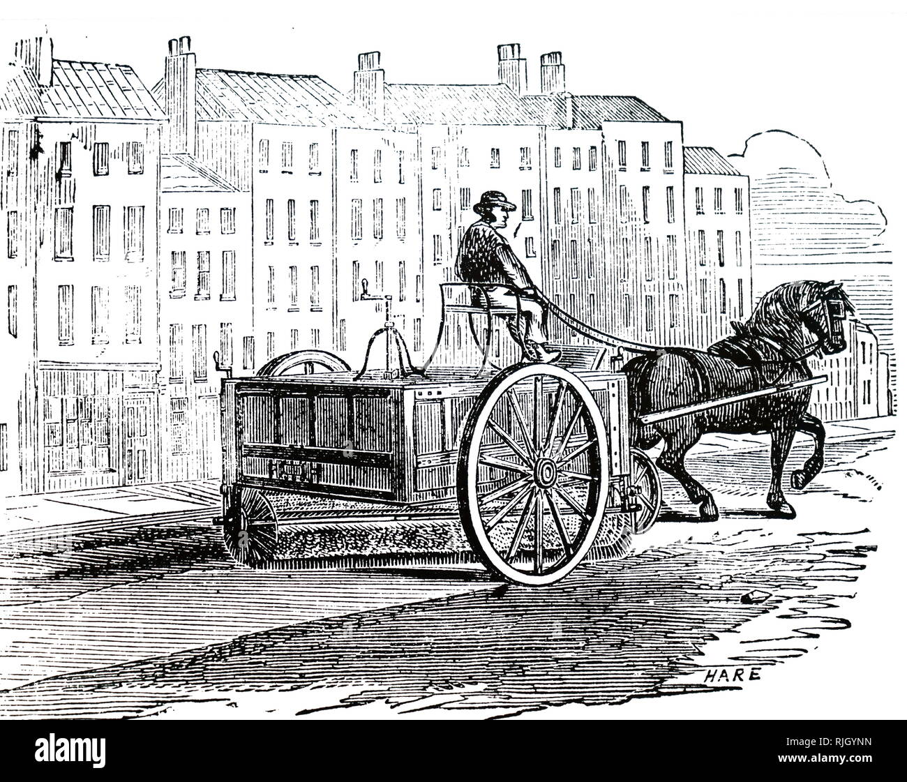 Una incisione raffigurante Blundell's a cavallo il street sweeper introdotto per la città di Hull. Datata del XIX secolo Foto Stock