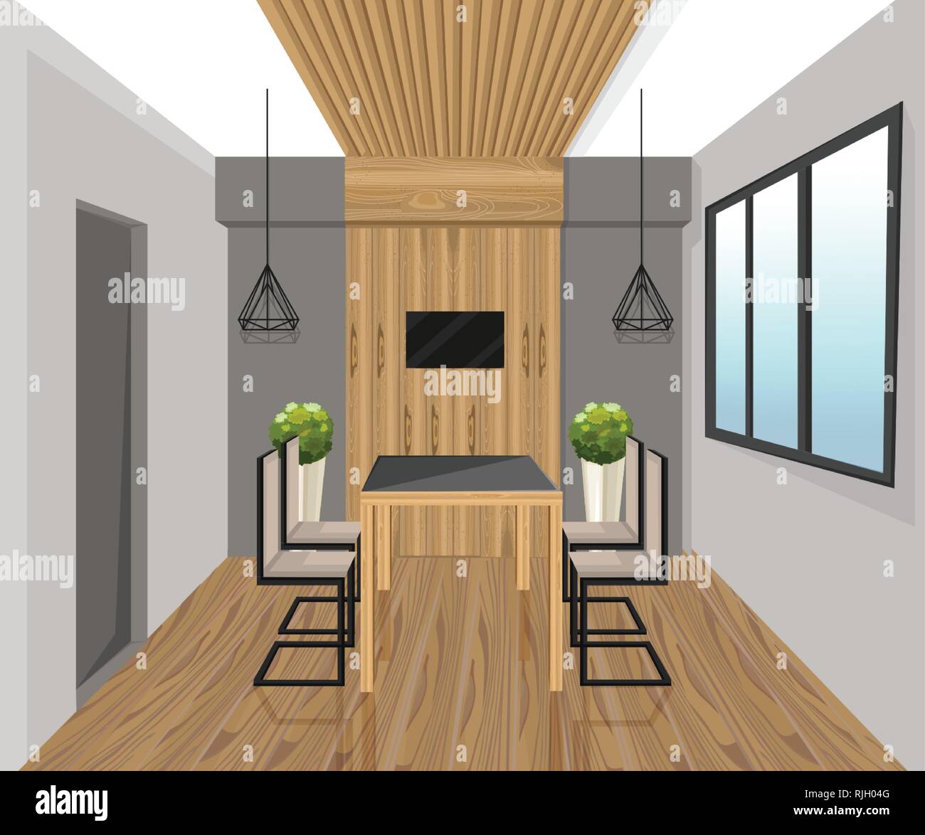 Interior design in stile loft vettore. Tavolo da pranzo. Pannello in legno arredamento. Vendita pubblicizzare modello brochure Illustrazione Vettoriale