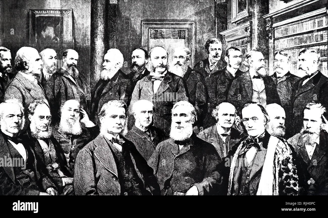 Una incisione raffigurante un ritratto di gruppo di alcuni illustri Fellow della Royal Society. Fila posteriore sinistra a destra: G.H. Darwin, Francis Galton, W. T. Thiselton Dyer, R. H. Scott, William Huggins, W. H. Preece, Lord Rayleigh, John Evans, E. Ray Lankester, W. H. M. Christie, Edward Frankland, Norman Lockyer, A. W. Williamson. Fila anteriore sinistra a destra: Gabriel Stokes, Joseph Hooker, J. J. Silvestro, T. H. Huxley, Archibald Geikie, John Tyndall, Arthur Cayley, Richard Owen, W. H. Fiore, William Crookes. Datata del XIX secolo Foto Stock