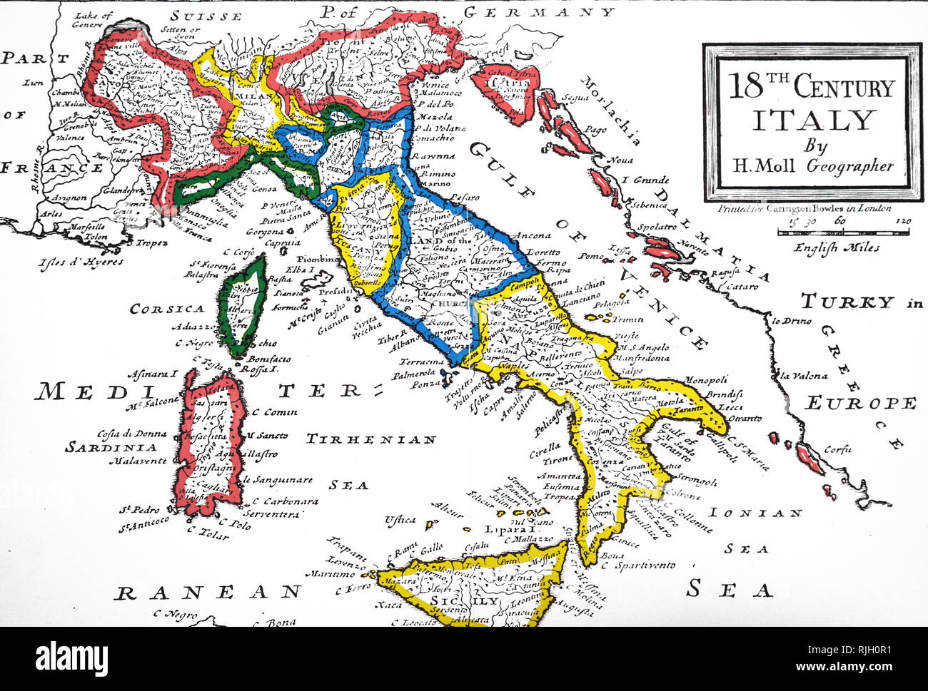 Una incisione raffigurante una mappa dell'Italia. Datata xviii secolo Foto Stock
