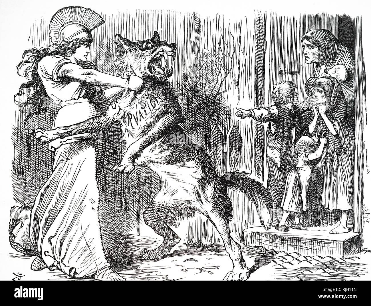 Un cartoon raffiguranti Britannia tenendo premuto il lupo di fame dalla porta dei contadini irlandesi. Illustrato da John Tenniel (1820-1914) un illustratore inglese, UMORISTA GRAFICO E fumettista politico. Datata del XIX secolo Foto Stock