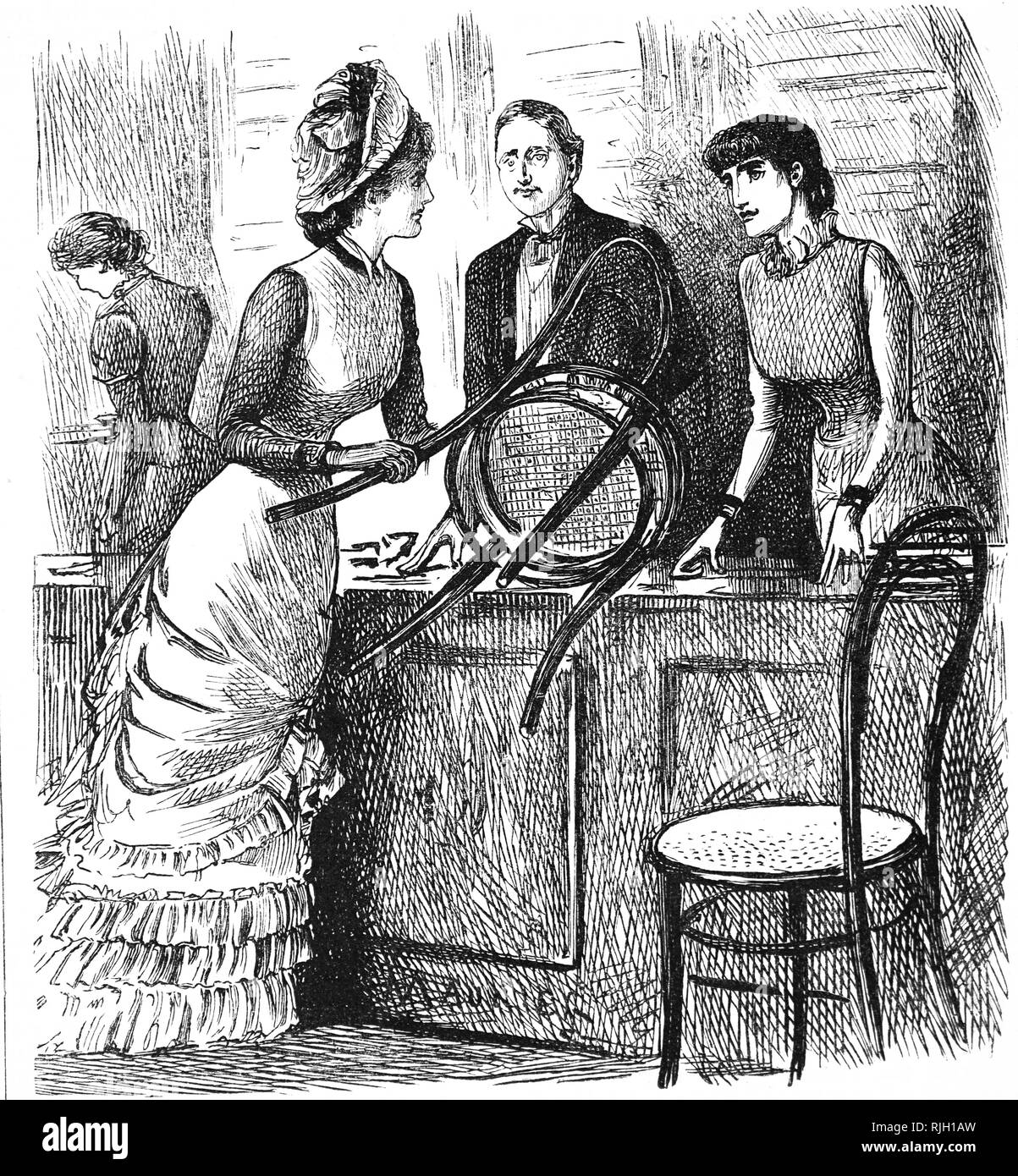 Un cartoon commentando le condizioni di lavoro degli assistenti di negozio. Illustrato da George du Maurier (1834-1896) un fumettista franco-britannica e l'autore. Datata del XIX secolo Foto Stock