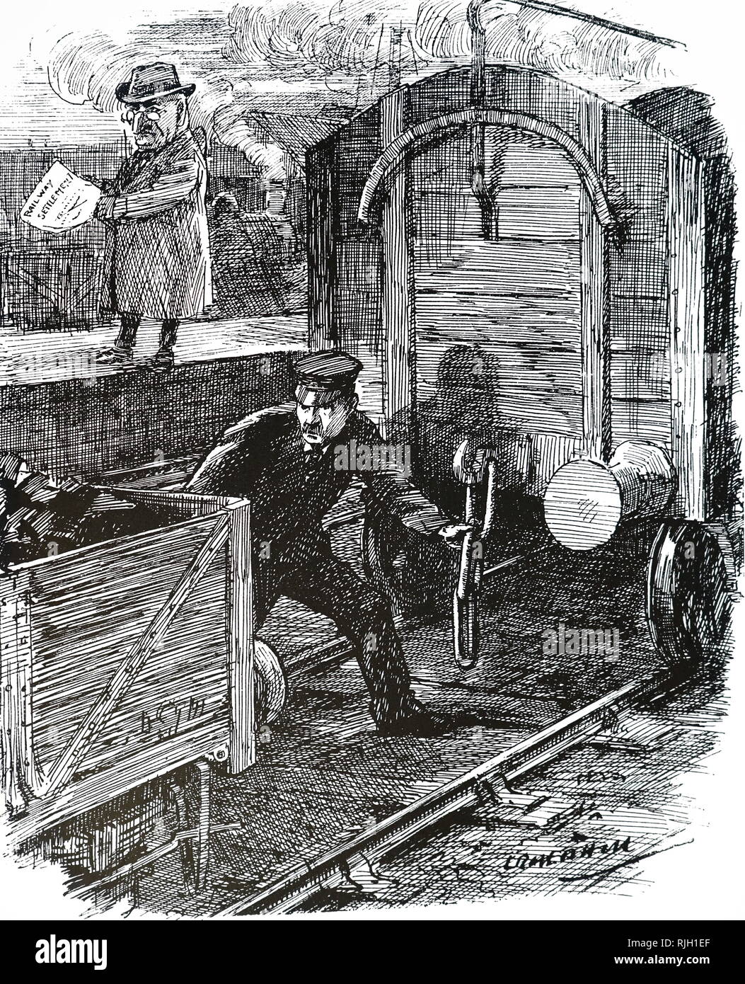 Un cartoon commentando operaio ferroviario di incidenti. Illustrato da Leonard Raven-Hill (1867-1942) un artista inglese, illustratore e fumettista. In data xx secolo Foto Stock