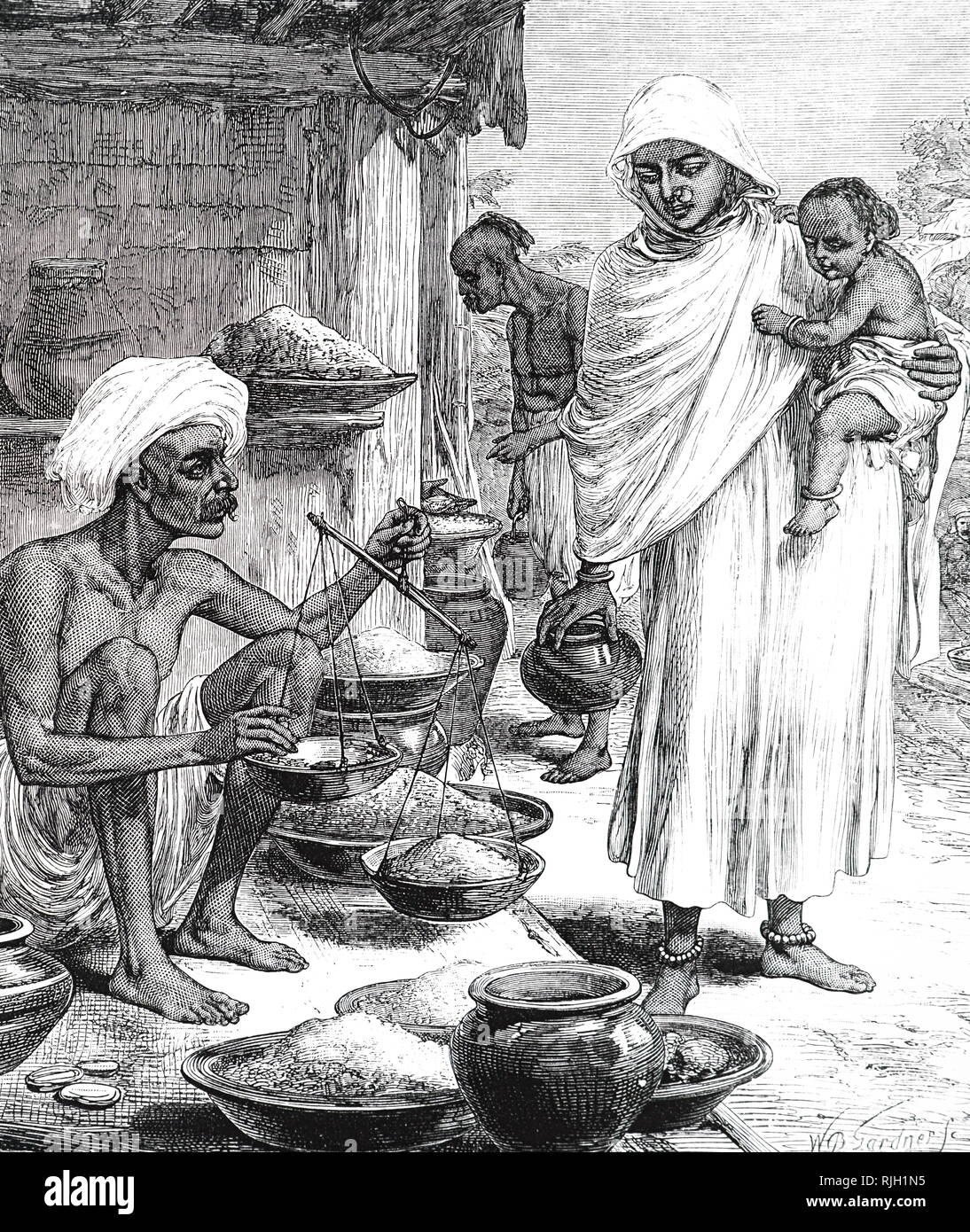 Una incisione raffigurante una donna bengalese acquisto di grano con la carestia in Indian imminente. Datata del XIX secolo Foto Stock