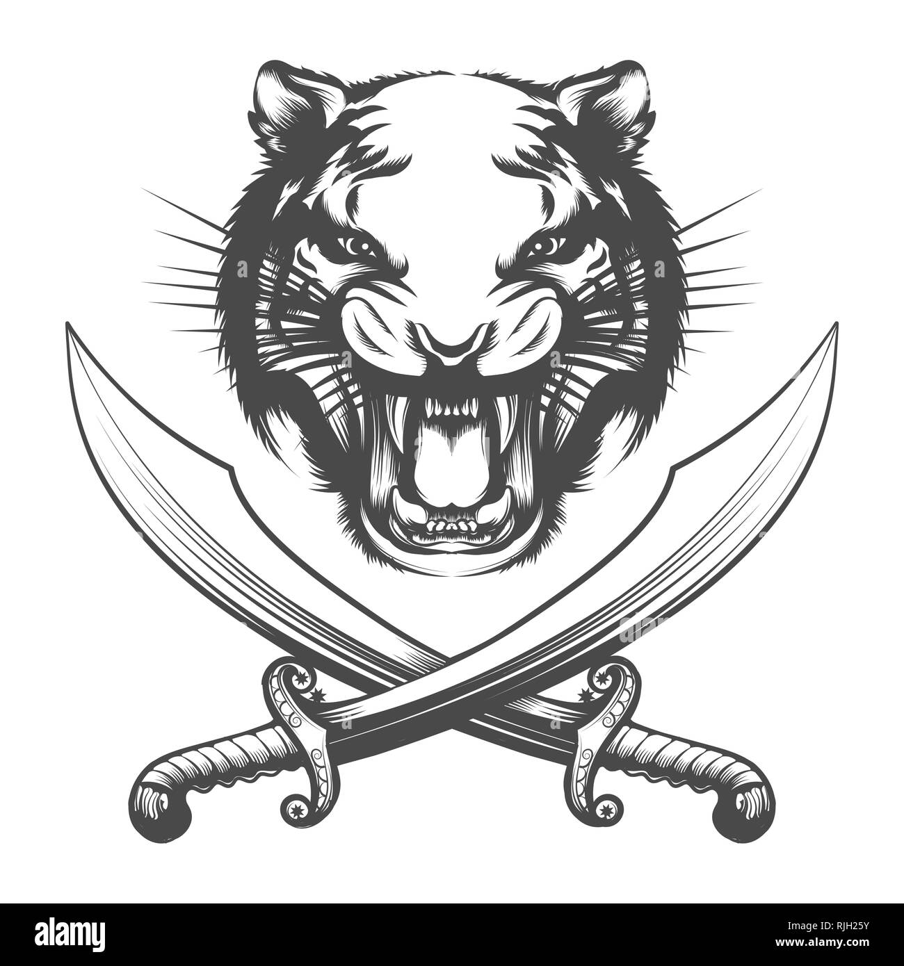 Volto di Tiger e due spade arabico isolati su sfondo bianco. Illustrazione Vettoriale. Illustrazione Vettoriale