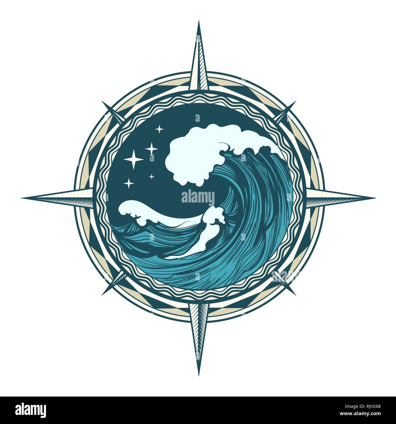 Rosa dei Venti Bussola nautica con vista oceano onda e stelle all'interno disegnati in stile tatuaggio. Illustrazione Vettoriale. Illustrazione Vettoriale