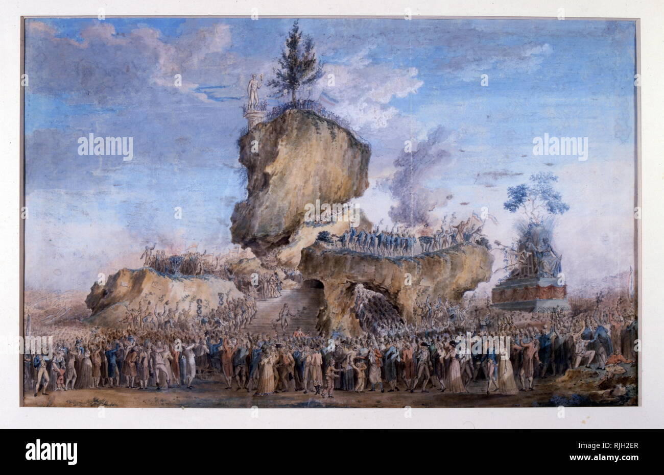 Illustrazione che mostra il culto dell'Essere Supremo (Culte de l'Etre supreme), una forma di deismo stabilita in Francia da Maximilien Robespierre durante la Rivoluzione Francese. Essa era destinata a diventare la religione di stato della nuova Repubblica francese e una sostituzione per il cattolicesimo romano e il suo rivale, il culto della ragione. La sua forza principale è stato speso nei primi stadi della rivoluzione, non supportato è stato dopo il regno del terrore sostenuto che portano i fautori e fu ufficialmente proscritto quando Napoleone restaurato il cattolicesimo in Francia. Foto Stock