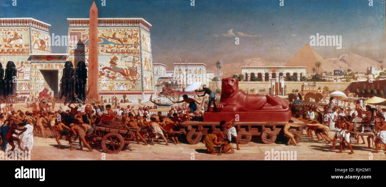 Illustrazione che mostra una stilizzata antica città egiziana con corteo reale e piramide. Una sfinge è tirato su un carrello con ruote. Circa 1910 Foto Stock