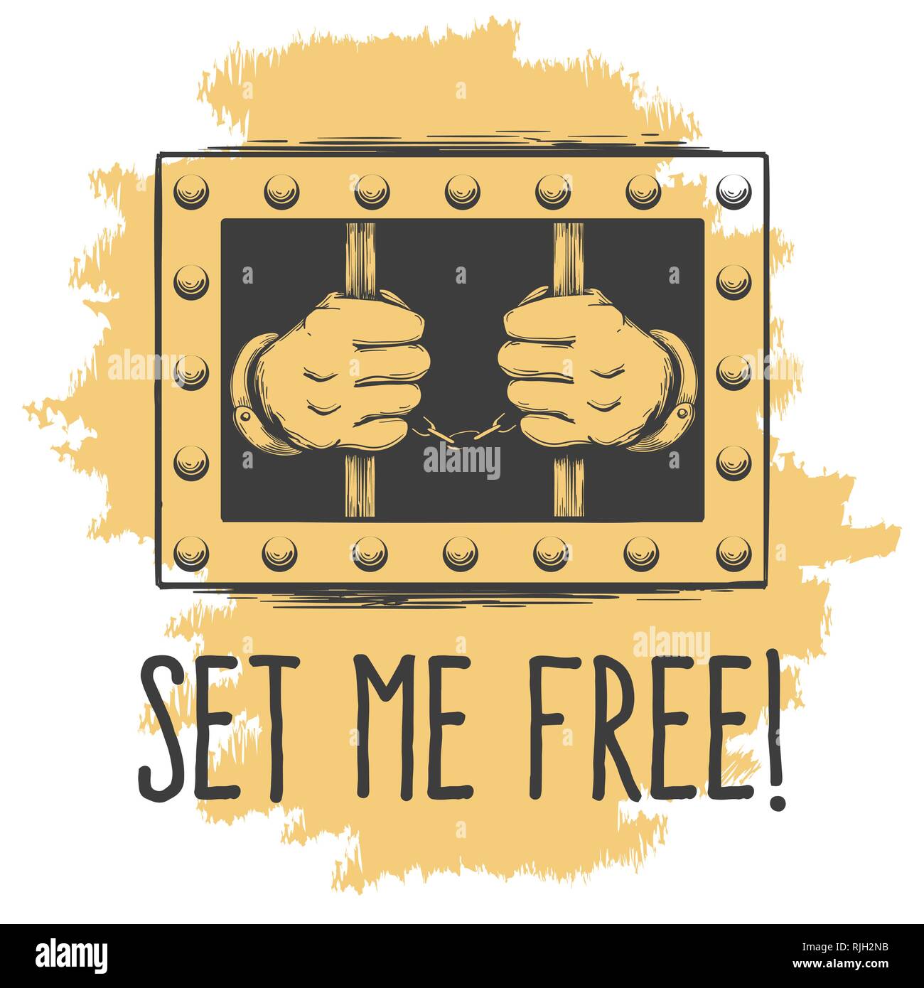 Prigioniero in mani polsini contiene barre e testo impostato mi libera su grunge background. Illustrazione Vettoriale Illustrazione Vettoriale