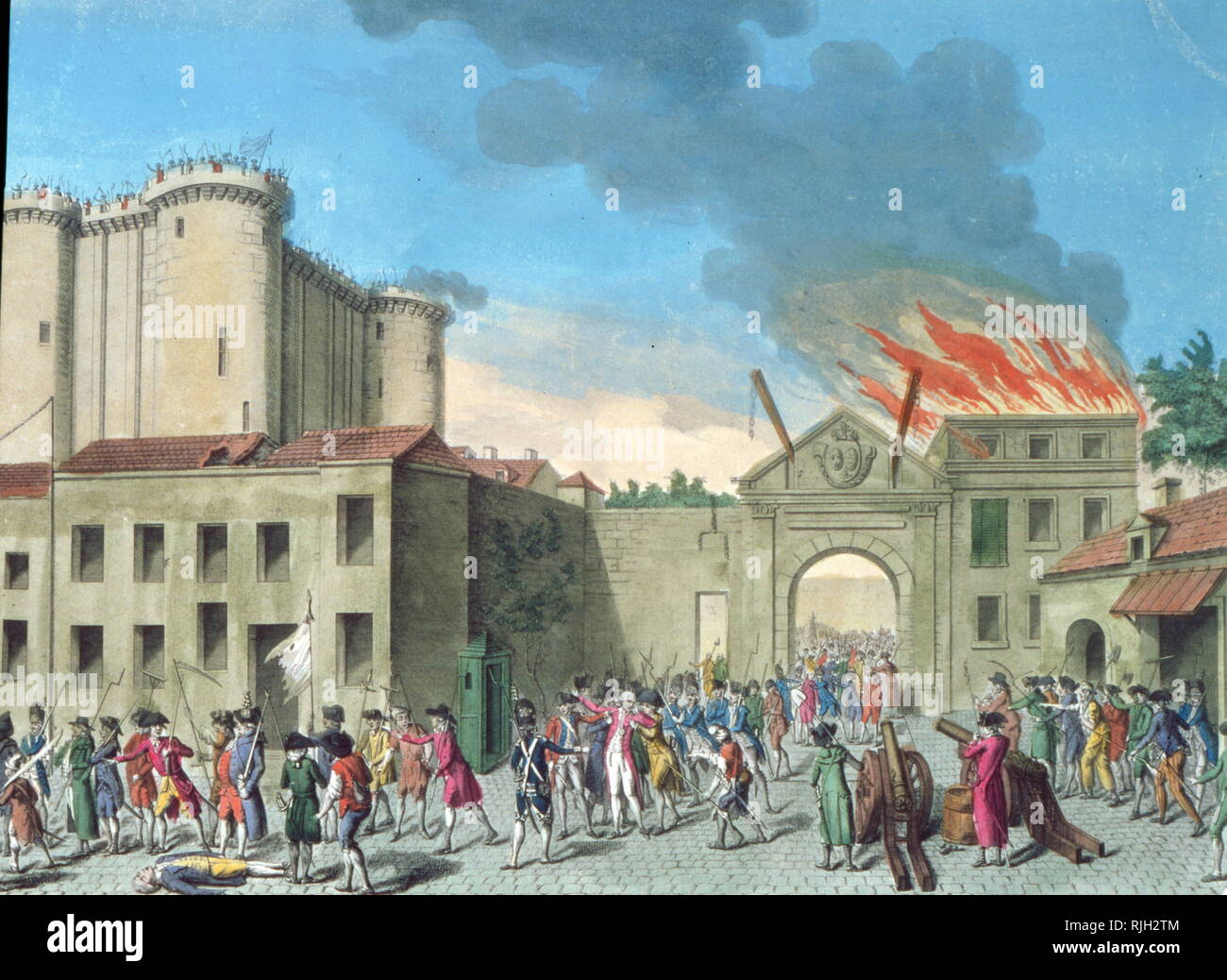 Storming della Bastiglia da una folla di persone il 14 luglio 1789, la rivoluzione francese, diventando un importante simbolo per il francese movimento repubblicano Foto Stock
