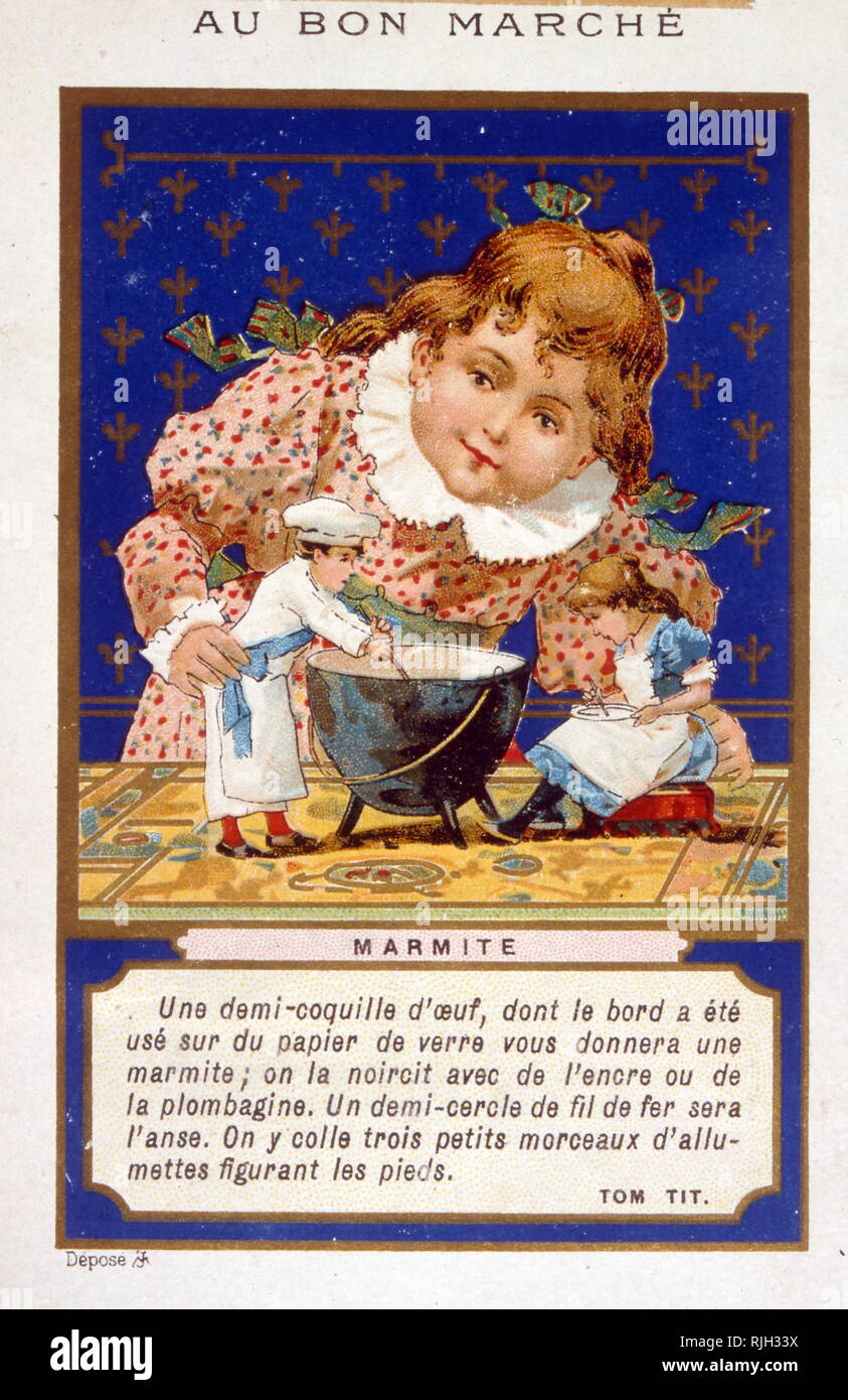 Illustrazione per un gioco da bambini, mostrando una marmite (un termine francese per una grande coperta di coccio o di metallo pentola di cottura). 1880. Foto Stock