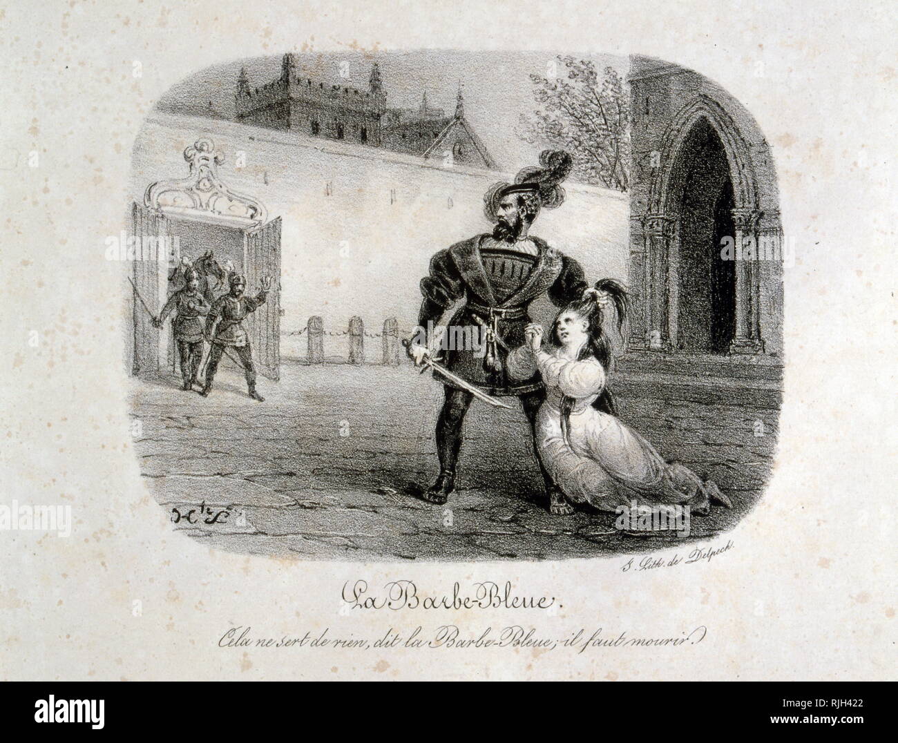 Illustrazione per 'Barbablù" (Barbe bleue), un francese di storia, scritta da Charles Perrault e pubblicato per la prima volta da Barbin a Parigi nel 1697 in Histoires ou contes du temps passe. Il racconto narra la storia di un facoltoso uomo violento nell'abitudine di uccidere le mogli e i tentativi di una moglie per evitare il destino dei suoi predecessori. Foto Stock