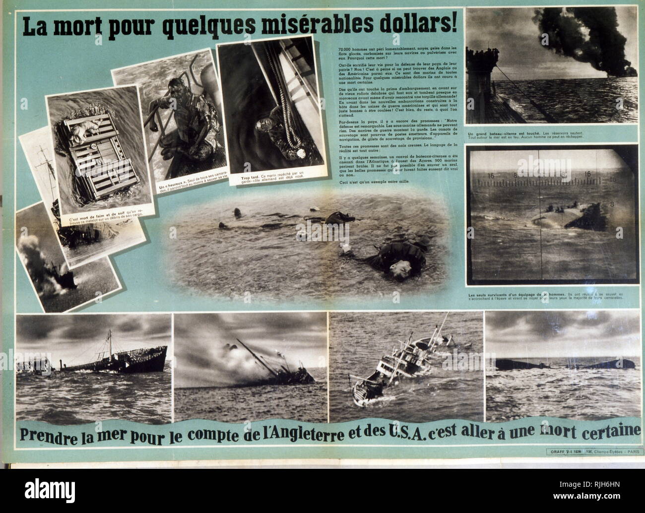 Il francese collaborationist funzione di propaganda sull'inutile e disperato perdita di inglese e americana vive nella battaglia per l'Atlantico. 1942 La Seconda Guerra Mondiale. Foto Stock