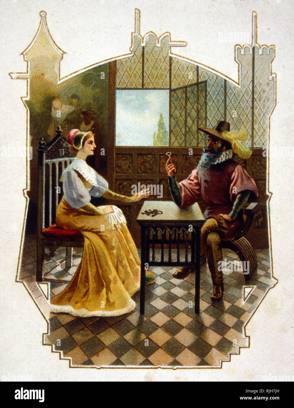 Illustrazione per 'Barbablù" (Barbe bleue), un francese di storia, scritta da Charles Perrault e pubblicato per la prima volta da Barbin a Parigi nel 1697 in Histoires ou contes du temps passe. Il racconto narra la storia di un facoltoso uomo violento nell'abitudine di uccidere le mogli e i tentativi di una moglie per evitare il destino dei suoi predecessori. Foto Stock