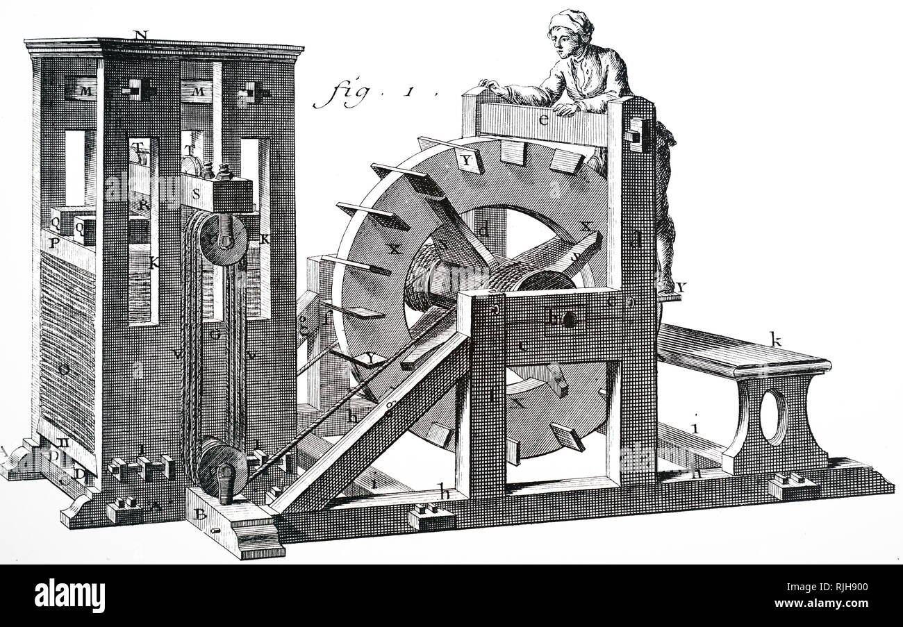 Una xilografia incisione raffigurante un uomo-powered tapis roulant viene utilizzato per azionare la pressa. Datata xviii secolo Foto Stock