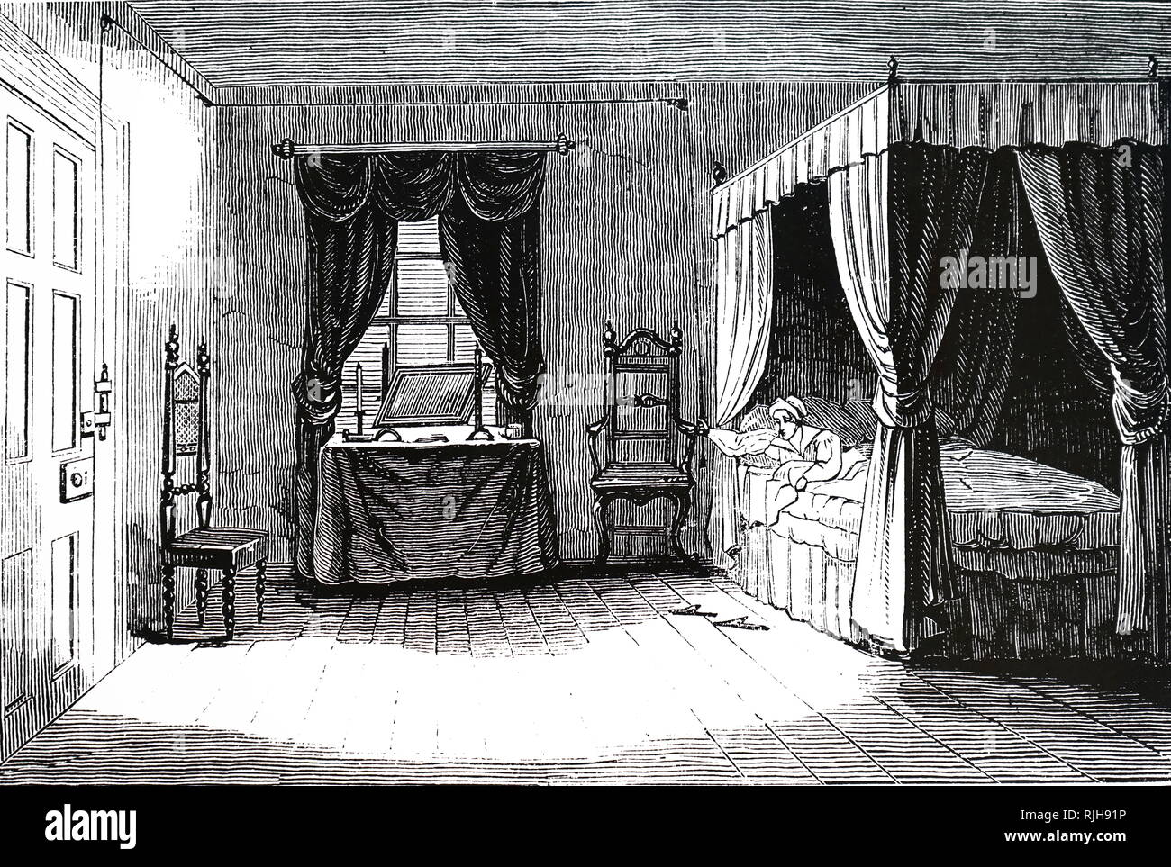 Una incisione raffigurante l'uso di pulegge per rendere possibile bloccare e sbloccare le porte senza alzarsi dal letto. Datata del XIX secolo Foto Stock
