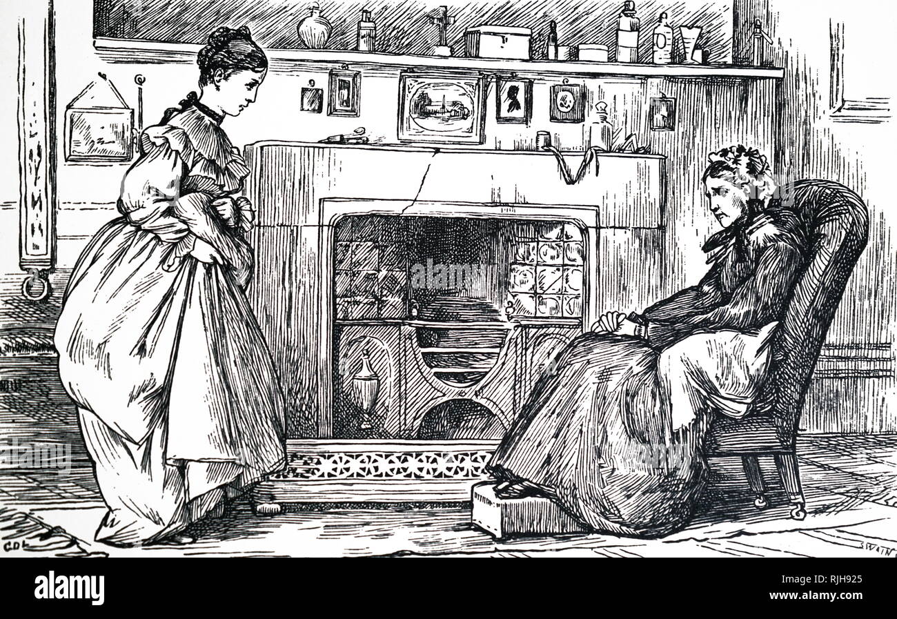 Una incisione raffigurante un invalido signora anziana davanti la sua camera da letto fire, medicinali e una croce sedersi sulla mantelpiece, e una giovane donna assiste alle sue esigenze. Illustrato da George Dunlop Leslie (1835-1921) un inglese un pittore di genere, autore e illustratore. Datata del XIX secolo Foto Stock