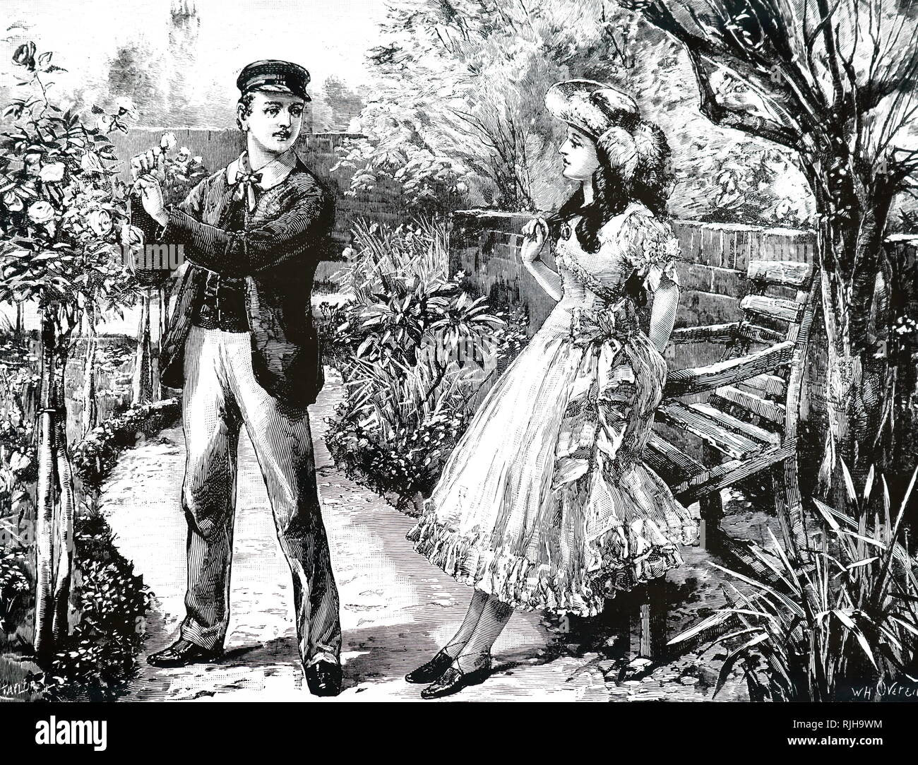 Una incisione raffigurante una gioventù spiumatura una rosa da uno standard di presentare alla ragazza che ama. Datata del XIX secolo Foto Stock