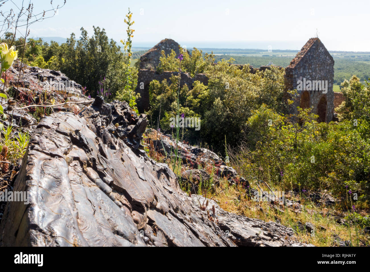 Rovine di un ex miniera società inglese istituito intorno 1900 e operano in Campiglia Marittima, Italia, per un paio di anni Foto Stock