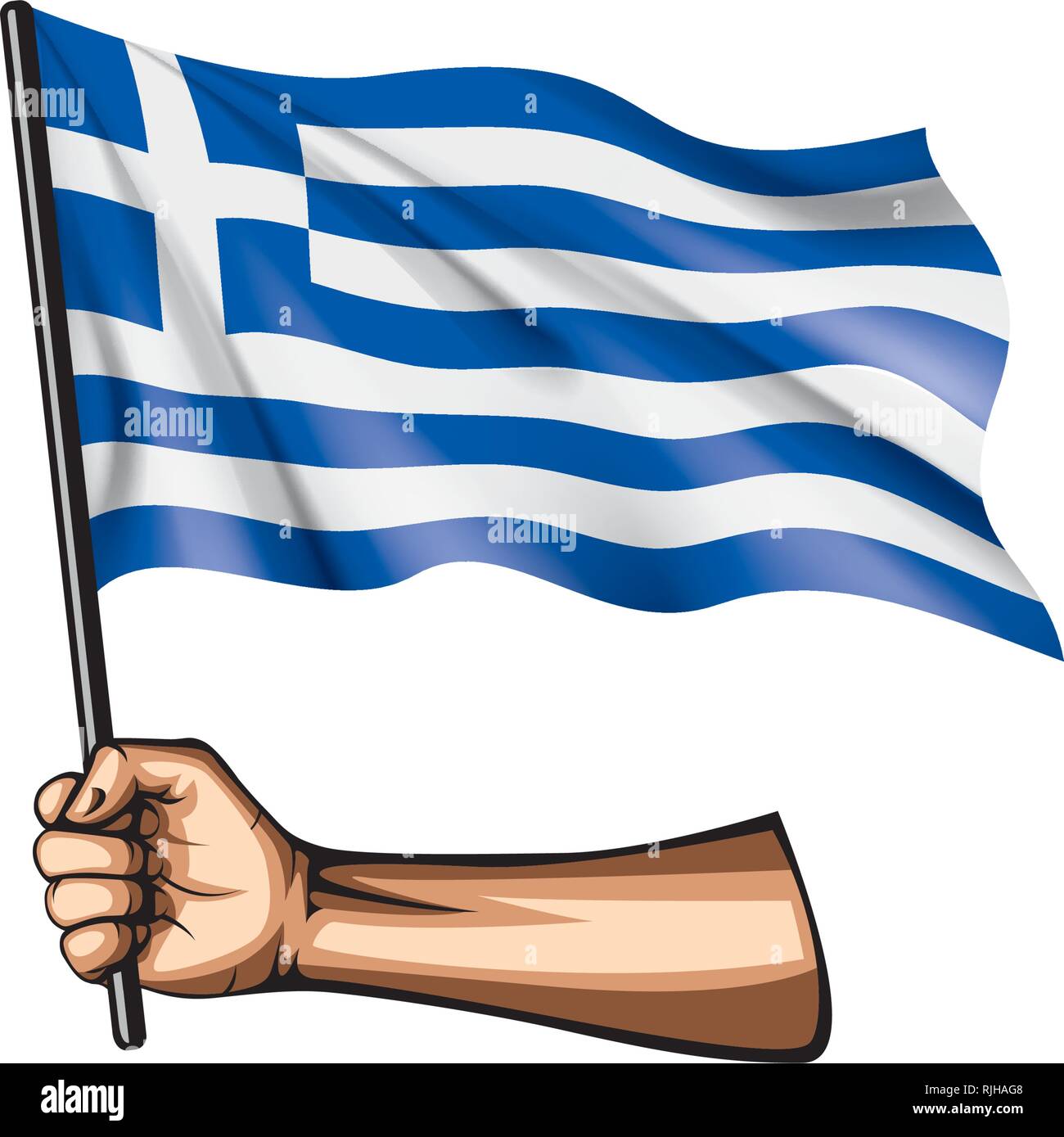 Bandiera della Grecia e della mano su sfondo bianco. Illustrazione Vettoriale Illustrazione Vettoriale