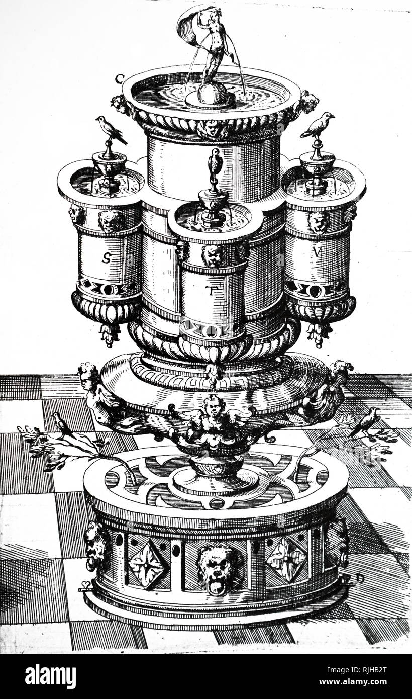 Disegno che illustra con fontane ornamentali con il canto degli uccelli. Sezione trasversale da una edizione tedesca di Agostino Ramelli; Le diverse et artificiose machine, pubblicato nel 1620. Foto Stock