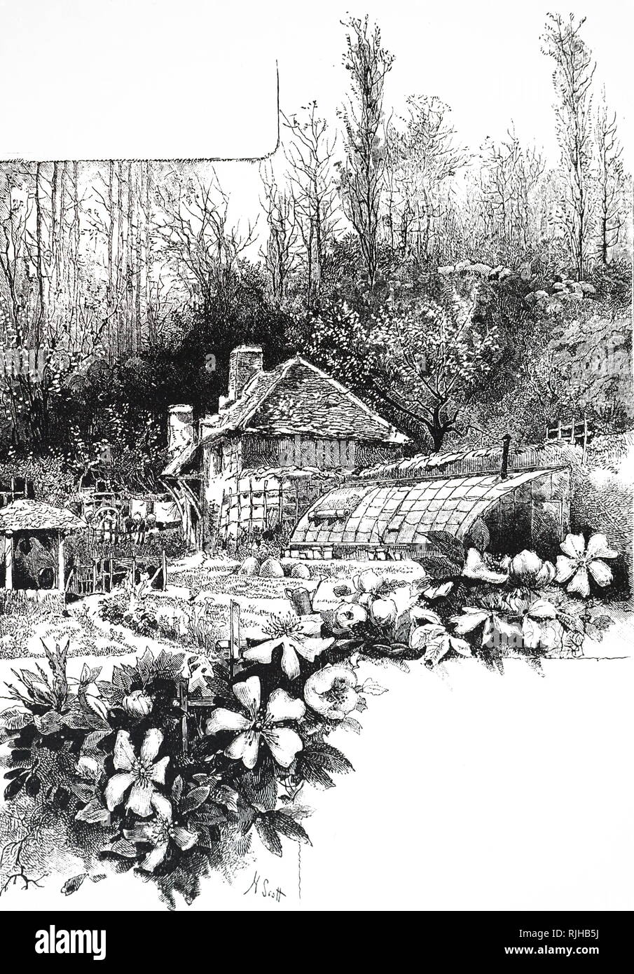 Una incisione raffigurante un giardiniere's cottage in un angolo di un orto. Una serra si trova contro il muro, con il camino della stufa sporge dalla parte superiore destra. La trama è nascosto contro un lato di una collina e pendii a sud, dando la massima protezione e il calore. Datata del XIX secolo Foto Stock
