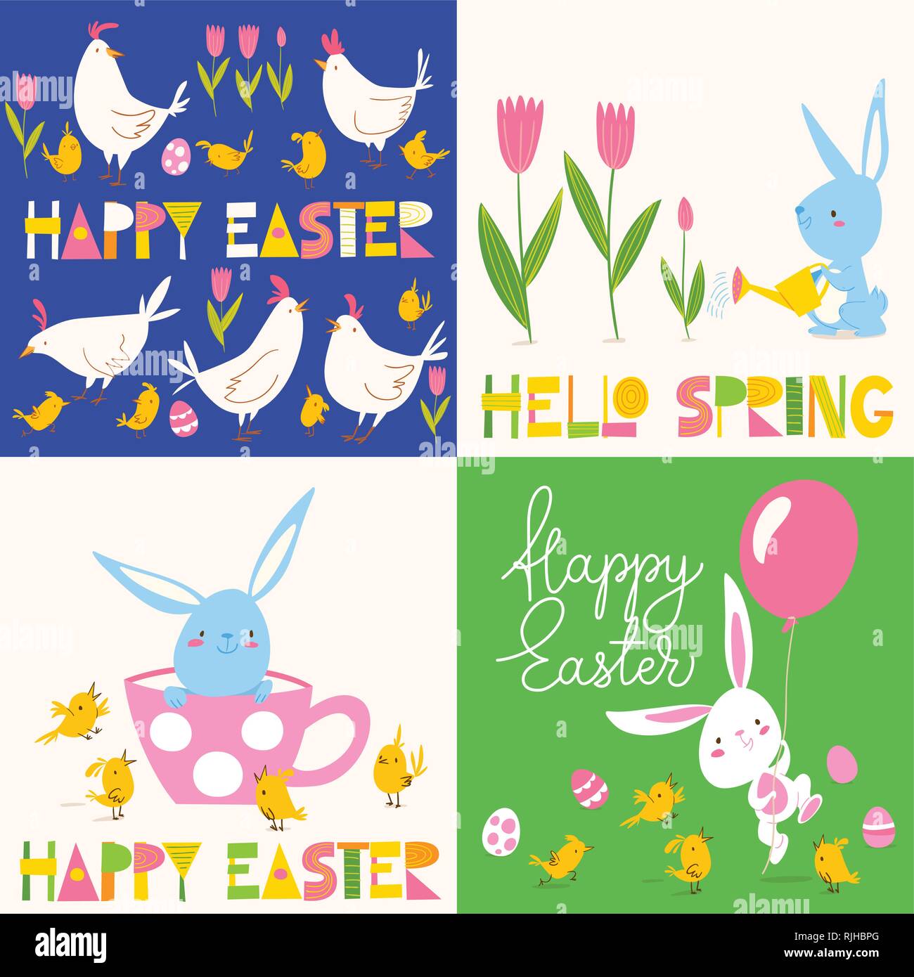 Set di quattro simpatici vettore primavera Pasqua carte con conigli, tulipani e scritte e uova Illustrazione Vettoriale