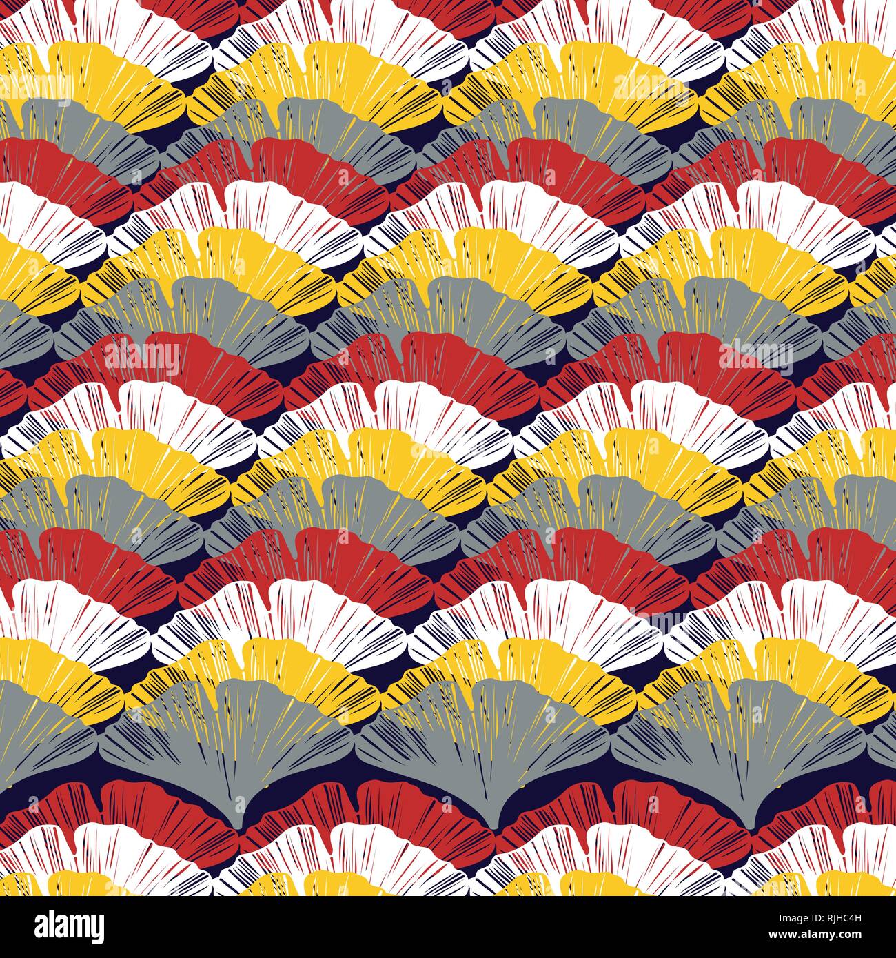 Foglie di Ginkgo vettore di sovrapposizione pattern in un rosso, giallo, grigio e bianco tavolozza di colori su uno sfondo blu scuro Illustrazione Vettoriale