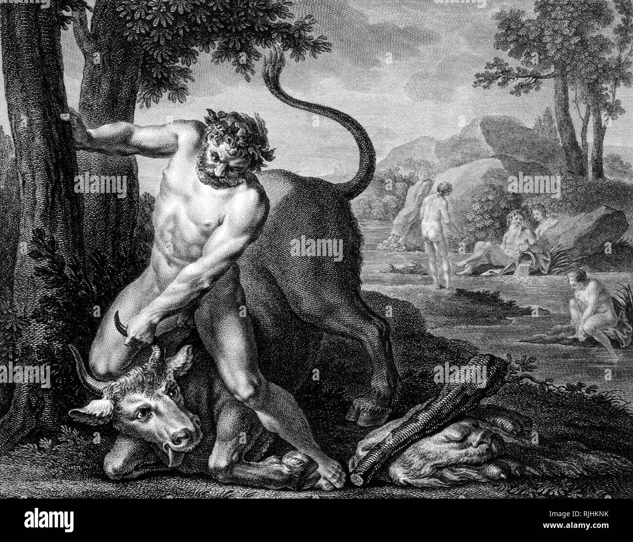 Hercules Wrestling fiume greco Dio Achelous. c diciottesimo incisione della pittura di Jean Antoine Regillo aka Lucinio Pordenone (1484-1540) Foto Stock