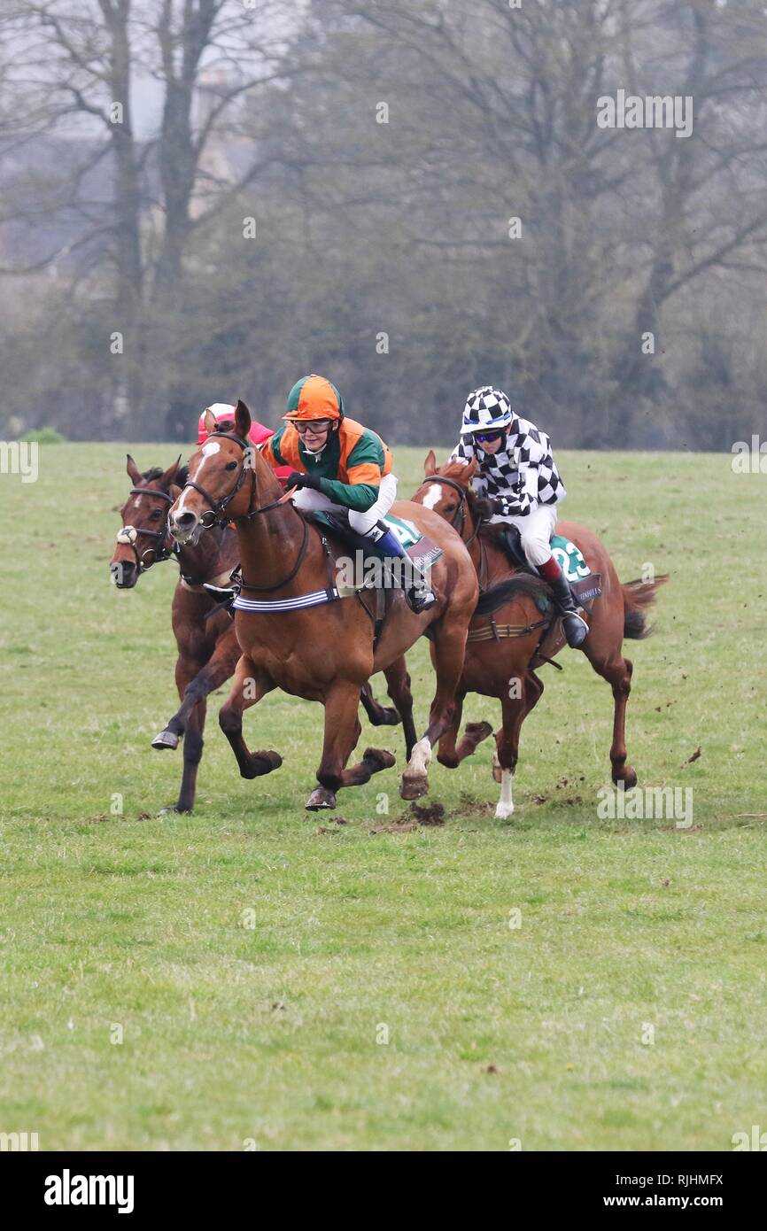 Andoversford gare, Cotswold da punto a punto gare evento, che si tiene ogni mese di aprile, vicino Andoversford, Gloucestershire, Inghilterra, Regno Unito dal 8 Aprile 2018 Foto Stock