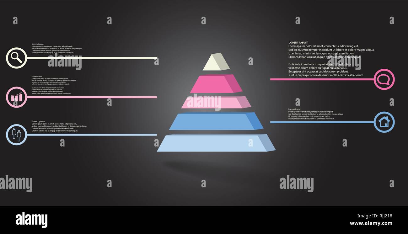 3D illustrazione modello infografico. Il triangolo in rilievo è diviso in cinque parti a colori. Scopo è disposta su grigio scuro dello sfondo. Le linee di colore wi Illustrazione Vettoriale