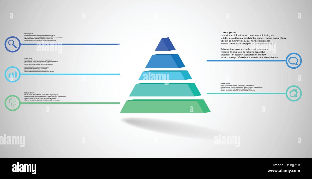3D illustrazione modello infografico. Il triangolo in rilievo è diviso in cinque parti a colori. Scopo è disposta su grigio sfondo bianco. Le linee di colore w Illustrazione Vettoriale