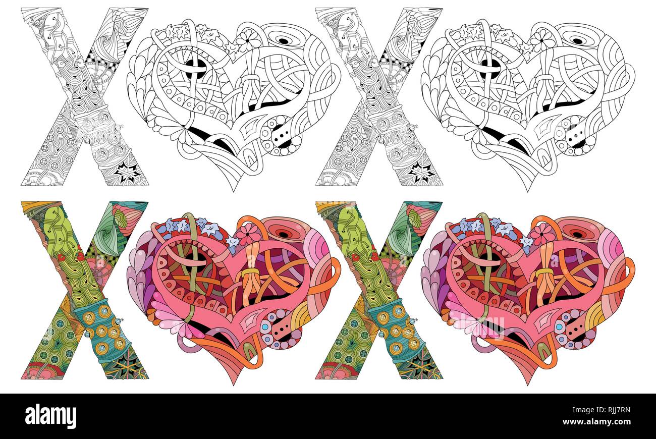 Parola XOXO a forma di cuore. Vettore zentangle decorativo oggetto. Il colore e il profilo impostato. Illustrazione Vettoriale