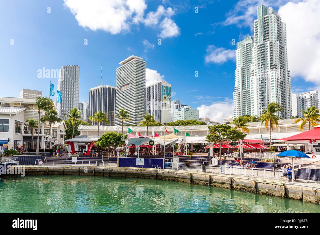 Il Bayside Marketplace, il Centro Commerciale per lo Shopping, Miamarina al Bayside, Biscayne Boulevard, Skyline, Downtown Miami, Miami-Dade County Foto Stock